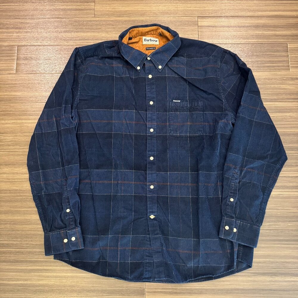 Barbour Corduroy Lawrence Blue Long Sleeve Shirt Mens XL Classic Tartan Plaid